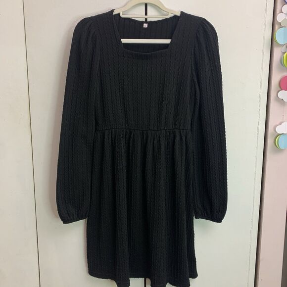 Womens Long Sleeve Knit Dress Square Neck Knee Length Casual Babydoll Black XS - Picture 2 of 7